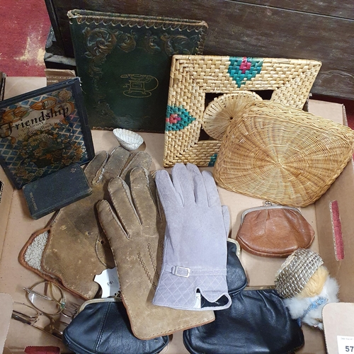 571 - A good quantity of Vintage Items to include linen, purses, an embossed leather blotter etc.