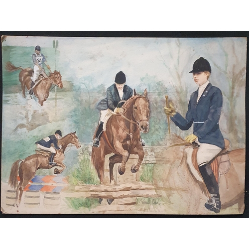 598 - A 20th Century Watercolour Collage of Equestrian eventing. No apparent signature.