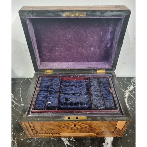 888 - A Victorian Walnut and parquetry inlaid ladies jewellery Case with two internal trays. 24.5 x 17 x H... 