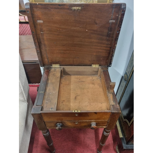 891 - A Georgian Mahogany Work Table with lift up lid and single frieze drawer on turned supports. 47 x 37... 