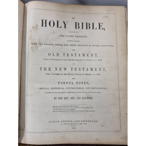 892 - A good 19th Century Holy Bible translated from the Latin Vulgate by The Rev, George Leo Haydock, Ful... 