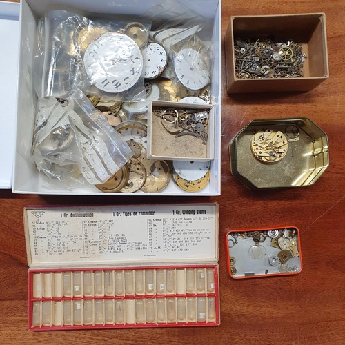 1079 - A box of pocket watch Movements, Dials, Parts, winding Stems etc.