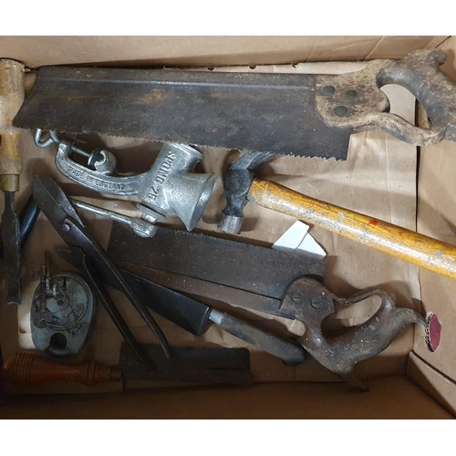 600A - 2 boxes of vintage items to include tools, to include Tools, torches, locks, chains, nails etc.