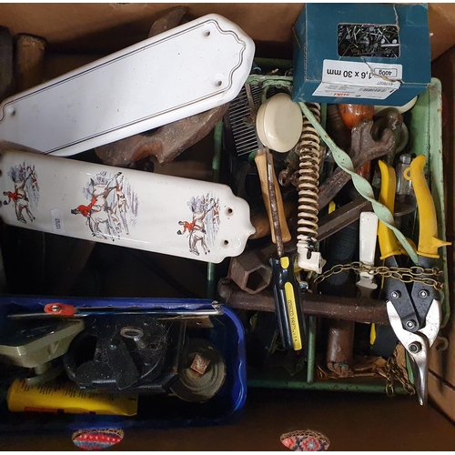 600A - 2 boxes of vintage items to include tools, to include Tools, torches, locks, chains, nails etc.