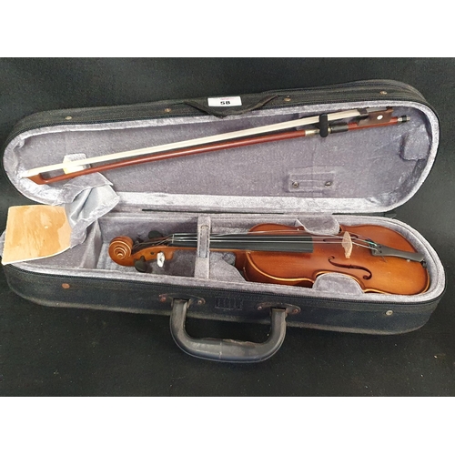 58 - A Child's Violin bow and case .
Length 48 cm approx.