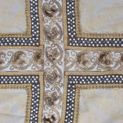 110 - Cream Ground Velure Banner with Faux Pearl and Sequence Detail. L 335 x W 145 cm approx.