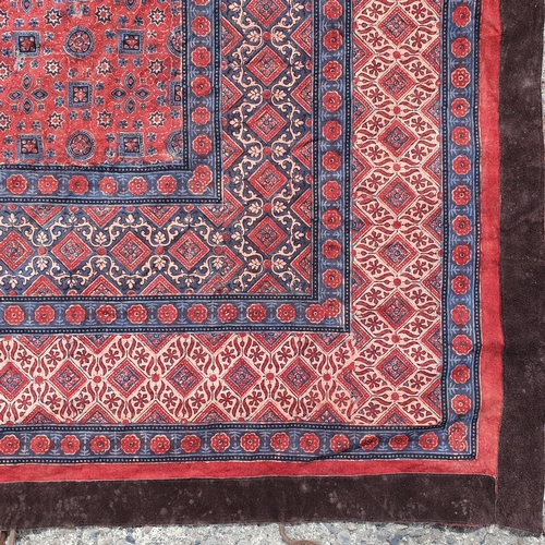 225 - An Indian Hand Block Printed Throw with Suede trim.
L 260 x W 165 cm approx.