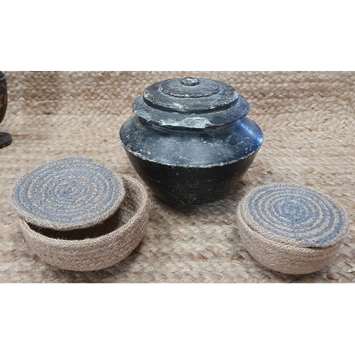 298 - A pair of wood carved vases along with a Bud Vase , Clay Pot and 7 Jute place Mats.