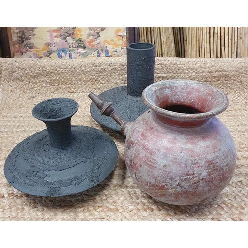 308 - 2 Black Stoneware Vase's and a Wooden Pot.