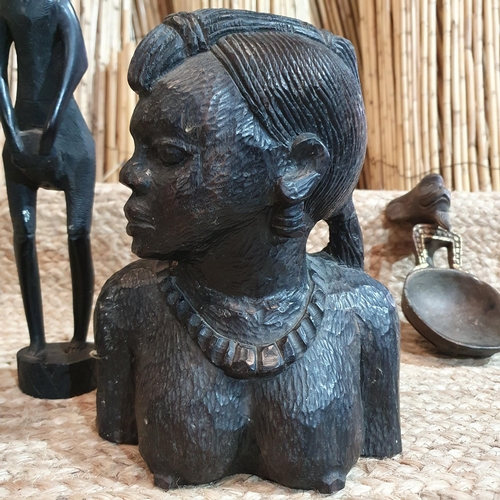 374 - A Pair of Heavy Wood Carved African Figures along with other cared items . Tallest 34 cm approx. Woo... 