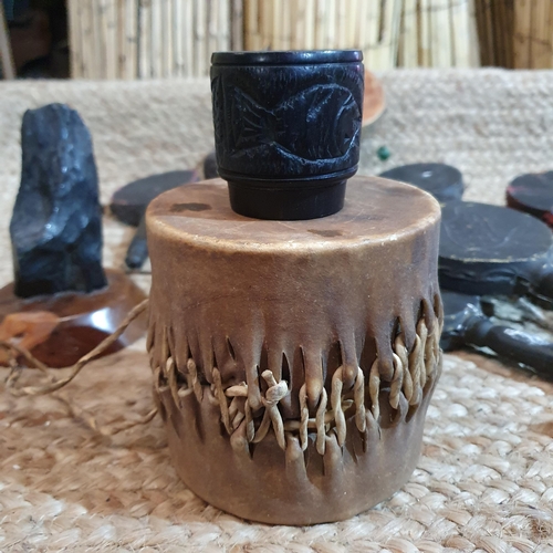 375 - An African Leather Drum along with a group of Musical instruments and 2 wood Trays L 39 x W 16 cm ap... 