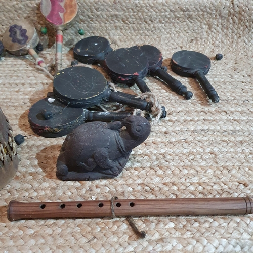 375 - An African Leather Drum along with a group of Musical instruments and 2 wood Trays L 39 x W 16 cm ap... 