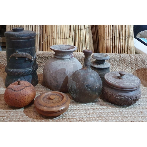 377 - A Good Selection of African Lidded Containers Clay and Wooden.