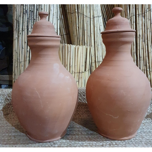 379 - A Pair of Lidded Clay Pottery Urns .
Height 50 cm approx.