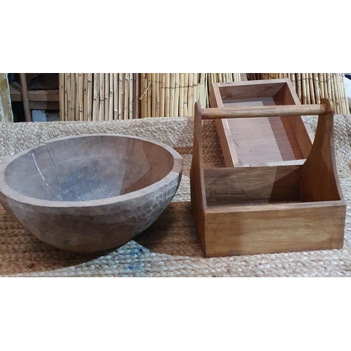 386 - 2 Wood Planters along with Wooden Bowl , box and carrier .
H 20 x D 40 cm