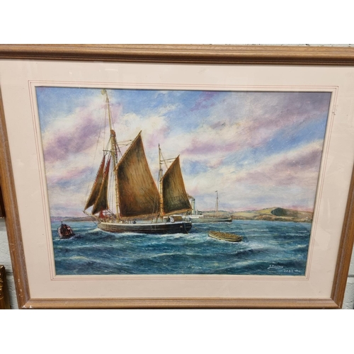 65 - A 20th Century Watercolour of a sailing ship with steam paddler to the back. Signed E Voysey. 39 x 5... 