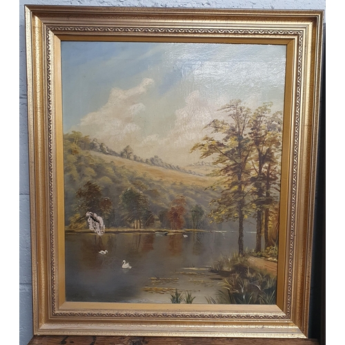 113 - A pair of Oil on Canvas of river scenes, one with a house and farm, the other with swans on a river ... 