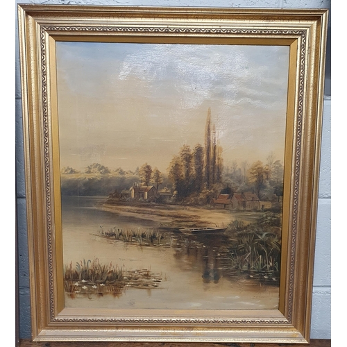 113 - A pair of Oil on Canvas of river scenes, one with a house and farm, the other with swans on a river ... 