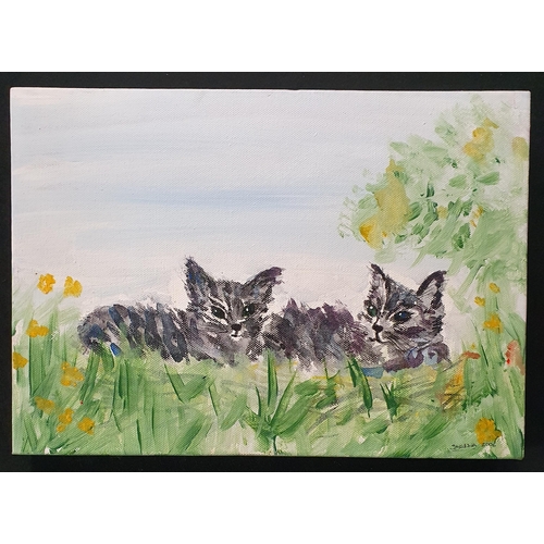 123 - Two Oils on Canvas of Cats by Sheena, signed along with a caricature of cats and various other cat p... 