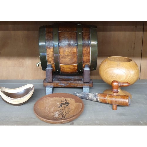 135 - A good vintage Treen Barrel along with other treen items.