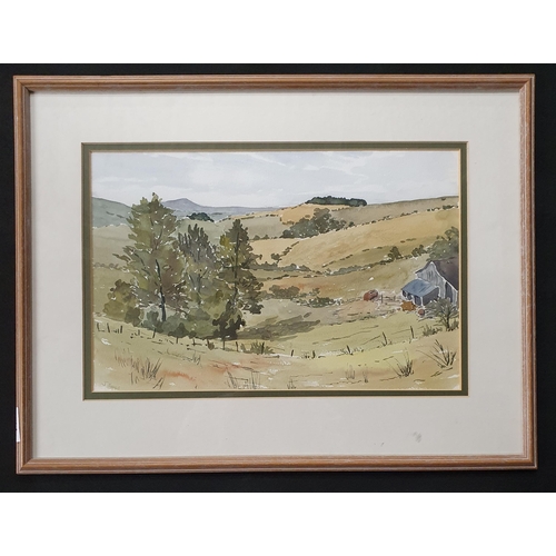 142 - Janet Moores. Two 20th Century Watercolours of farming scenes with rolling hills. Signed LL. 26 x 35... 