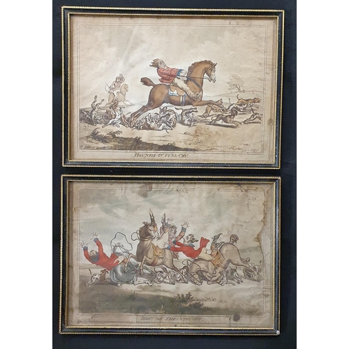 155 - Two 18th Century hand coloured caricature Engravings. 'Hounds throwing off' and 'Hounds in full cry'... 