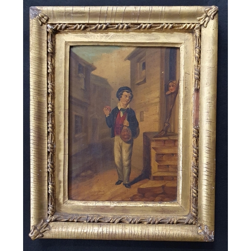 238 - A 19th Century Oil on Board of a young boy walking down a street with an apple in his hand. No appar... 