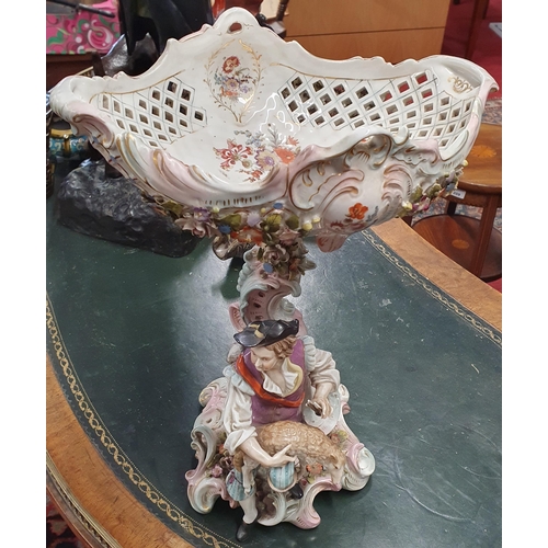 247 - A good 19th Century German Centrepiece with large pierced bowl with hand painted decoration. H 38 cm... 