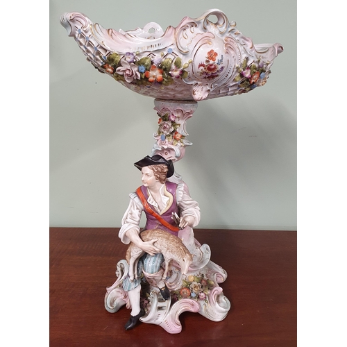 247 - A good 19th Century German Centrepiece with large pierced bowl with hand painted decoration. H 38 cm... 