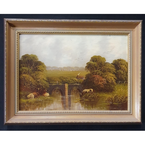 251 - A pair of 19th early 20th Century Oils on Canvas of country scenes, cattle beside a bridge. Signed G... 