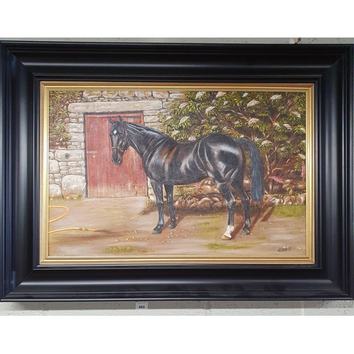 263 - Gillian Binchy. An Oil on Canvas of a black thoroughbred Racehorse. Signed G Binchy LR. Provenance. ... 