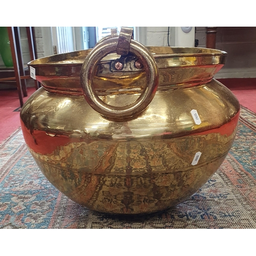 279 - A Fantastic 19th Century Brass Cauldron with very large ring handles. 39 x 41 x H 33 cm approx.