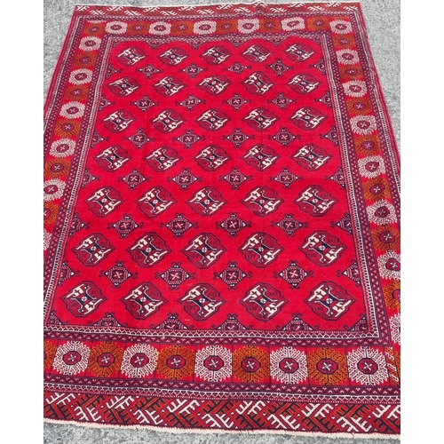 1096 - A Red ground Turkmen Carpet with an all over Bokhara design. 295 x 200 cm approx.