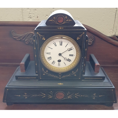 87 - A 19th Century black slate Garniture Set with white enamel dial, inlaid with rouge coloured marble a... 