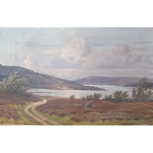 99 - Callum Larsen. A very large 19th Century Oil on Canvas of a lake scene with moorland to the fore in ... 