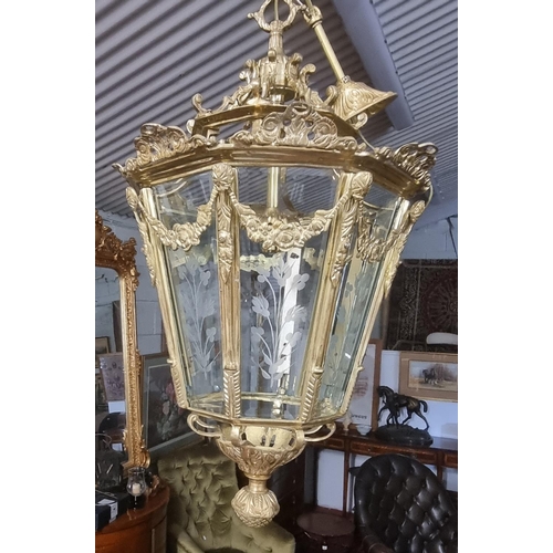 657 - A really good Brass Lantern with etched Glass panels.