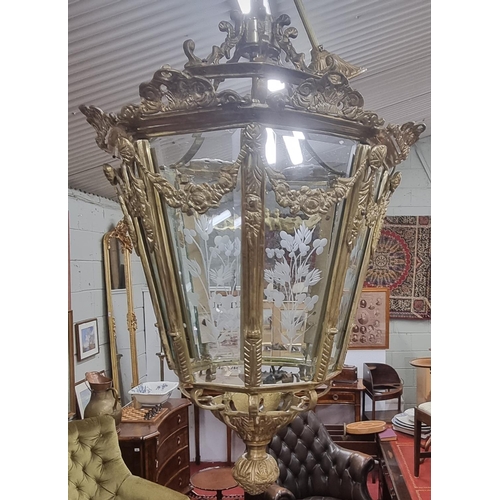 657 - A really good Brass Lantern with etched Glass panels.