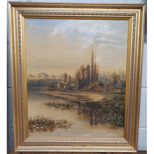 661 - A pair of Oil on Canvas of river scenes, one with a house and farm, the other with swans on a river ... 