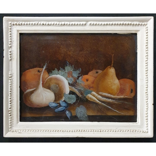 663 - An unusual set of three 19th Century Oils on Glass still life of fruit and vegetables. No apparent s... 