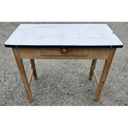 998 - An early 20th Century enamel topped kitchen Table on square supports and single freeze Drawer.