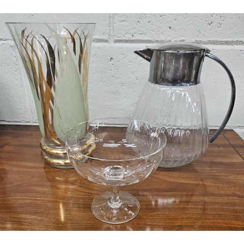 154 - Two Etain D'art pewter Trays along with a mid 20th Century Glass Vase and stemmed Bowl.