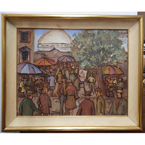 508 - Gladys McCabe 1918-2018; Oil On Board of a market scene. Signed lower right.
H 40 x 50 cm approx.