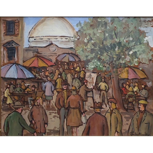 508 - Gladys McCabe 1918-2018; Oil On Board of a market scene. Signed lower right.
H 40 x 50 cm approx.