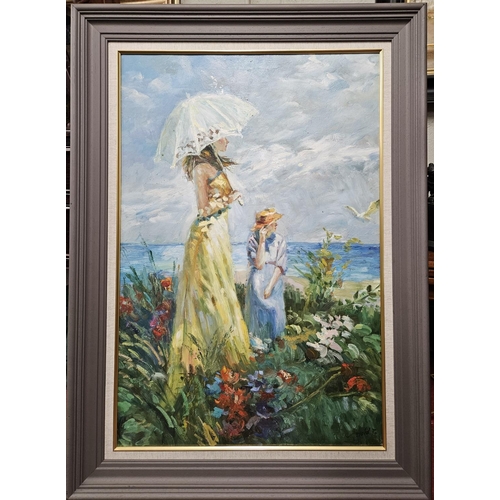 662 - A 20th Century Oil on Canvas of two Women beside the seashore. Signed Harold B. LR. In a good contem... 