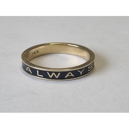 385 - A 14ct Gold and Black Enamel ' Always' memory Ring, size N.