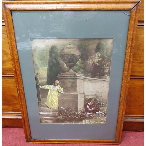 1004 - A good 19th Century coloured Print of a young Girl and Boy in a birds eye maple frame. 75 x 54 cm ap... 