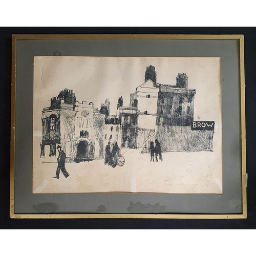 820 - Brett Mc Entagart; A Pencil charcoal Drawing of a street scene. Signed in pencil LR, dated '85. Insc... 