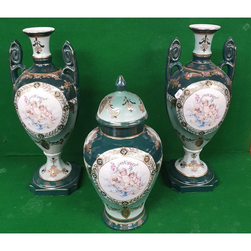 850 - A good Limoges Garniture Set with green ground.
H 42 cm approx.