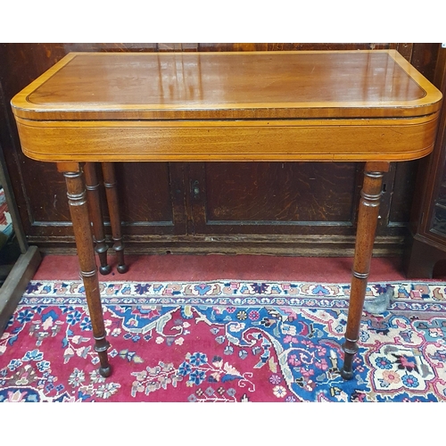 873 - A really good Regency Mahogany and Inlaid Foldover Card Table with satinwood banded top on turned su... 