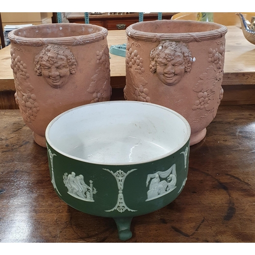 893 - A good pair of Terracotta Pots with highly moulded outline along with a Wedgwood Jasperware three le... 